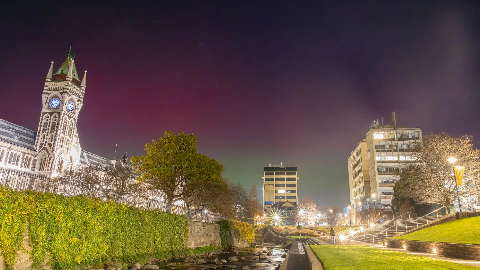 University of Otago, The Night the Aurora Appeared When the aurora australis appeared above the University of Otago, POV was already in position, turning a rare natural event into a lasting visual asset.