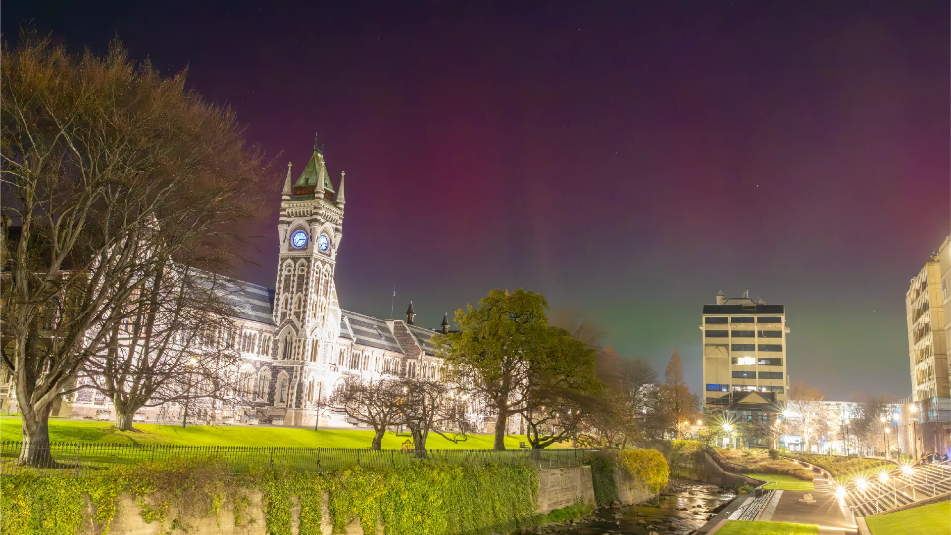 University of Otago, The Night the Aurora Appeared When the aurora australis appeared above the University of Otago, POV was already in position, turning a rare natural event into a lasting visual asset.